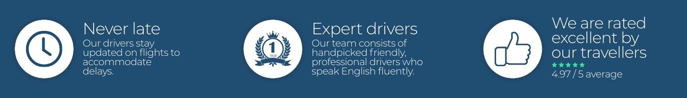 Never Late, Expert Drivers, Our Travellers rate us Excellent, 4,97 out of 5 stars